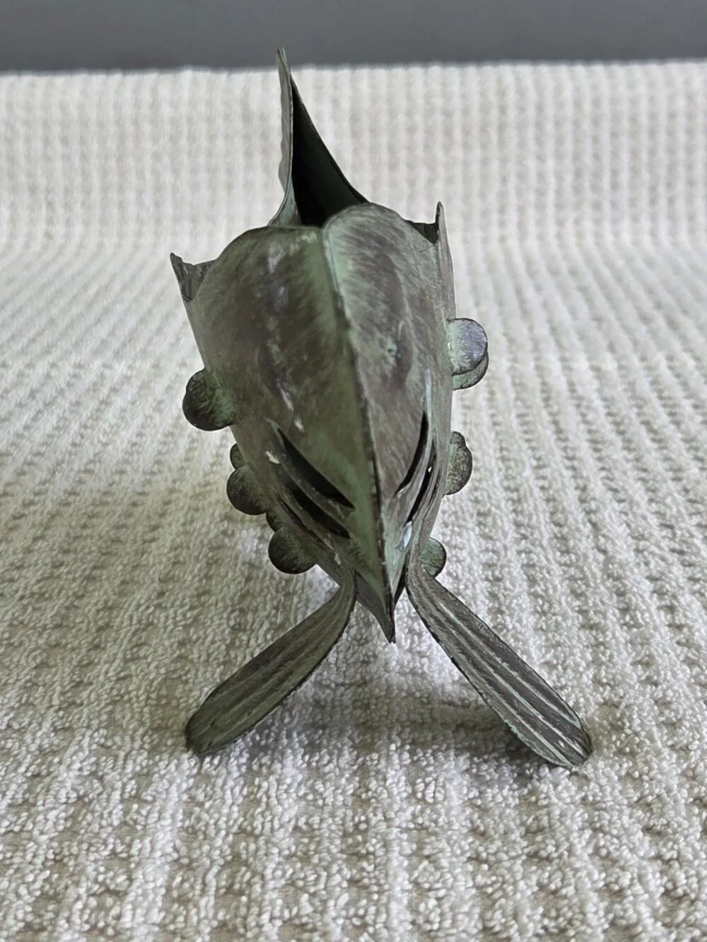 Metal Fish Tea Light Candle Holder Green Rustic Steel Sculpture 9” Cabin